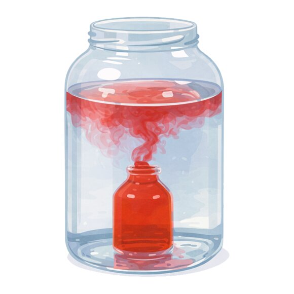 Illustration eines großen Glasgefäßes mit klarem Wasser, in dem ein kleines rotes Fläschchen steht und rote Farbe nach oben ins Wasser wirbelt.