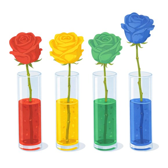 Vier Rosen in Reagenzgläsern mit farbigem Wasser: rot, gelb, grün und blau, vor hellem Hintergrund.
