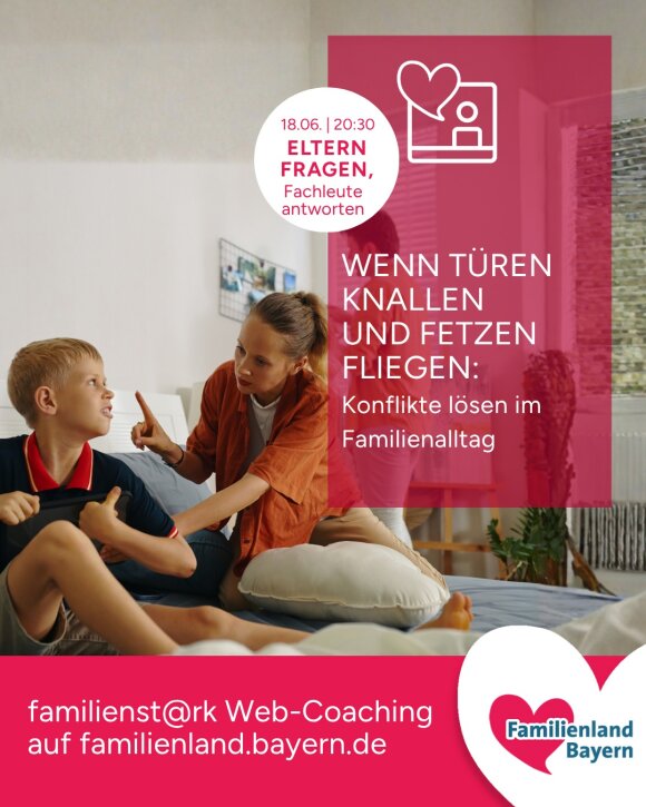 Werbegrafik für ein Eltern-Web-Coaching: In einem hellen Wohn-/Schlafzimmer streitet eine Mutter mit einem Jungen auf dem Bett; rosa Textflächen mit Infos zu Konflikten im Familienalltag und Logo von Familienland Bayern.